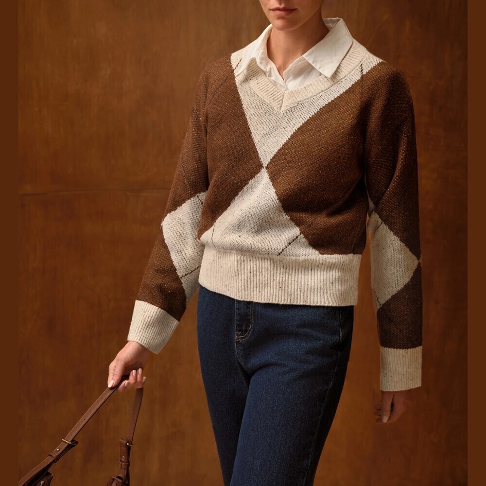 Brown Cream Argyle Knit V Neck Long Sleeve Sweater